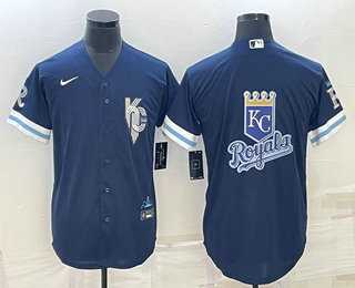 Mens Kansas City Royals Big Logo 2022 Navy Blue City Connect Cool Base Stitched Jersey